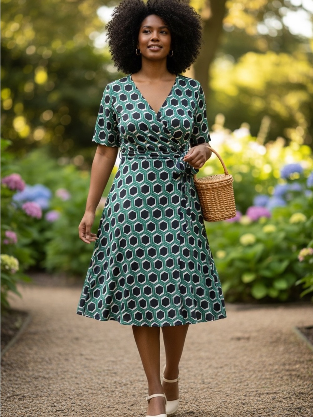 Green and Black Geometric Wrap Dress - Women